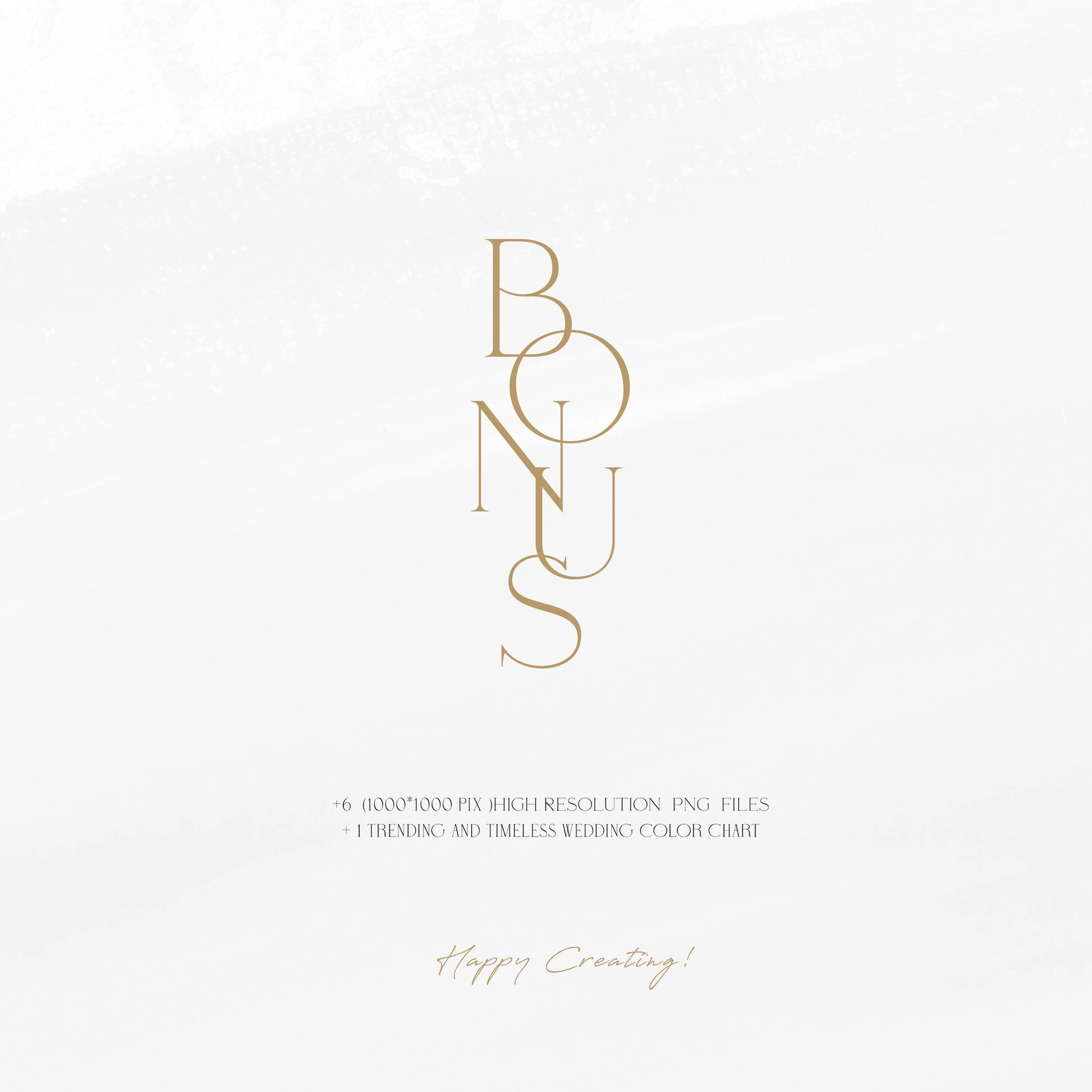 Gold 'BONUS' text on a white background with additional text about high-resolution PNG files and a wedding color chart.