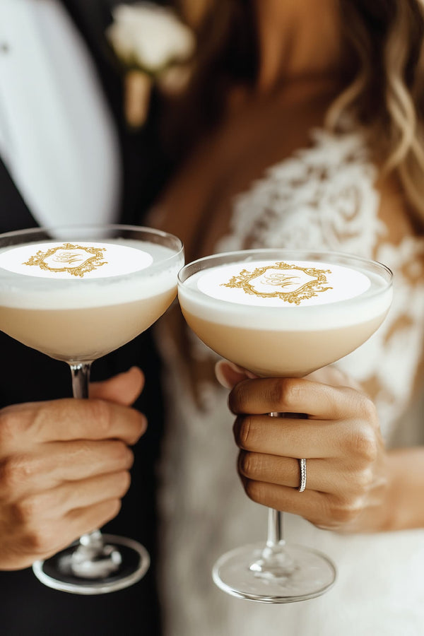 wedding monogram design, garnish disc mockup showing how the logo works on cocktail garnishes and wedding drink décor