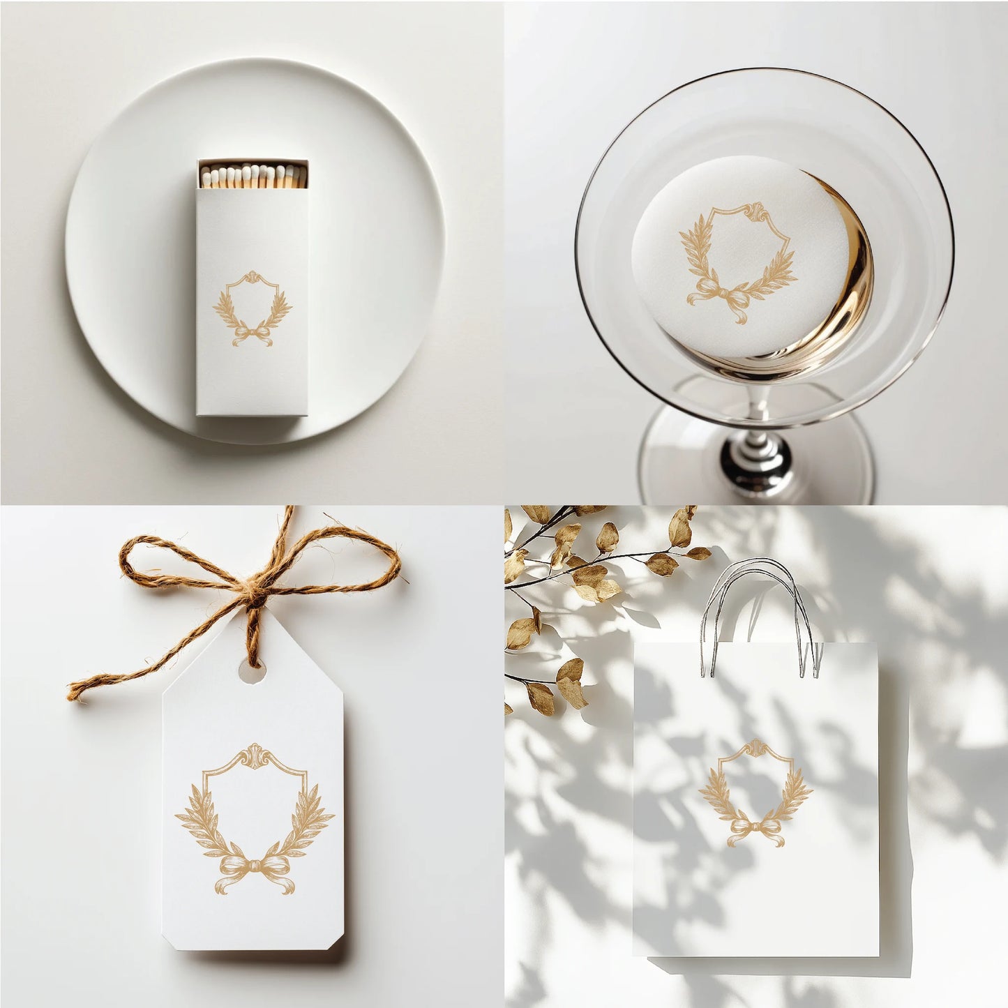 Luxury holiday gift items with laurel ribbon wedding crest — foil-stamped wine label, candle, matchbox, and tag for winter weddings or Christmas gifts
