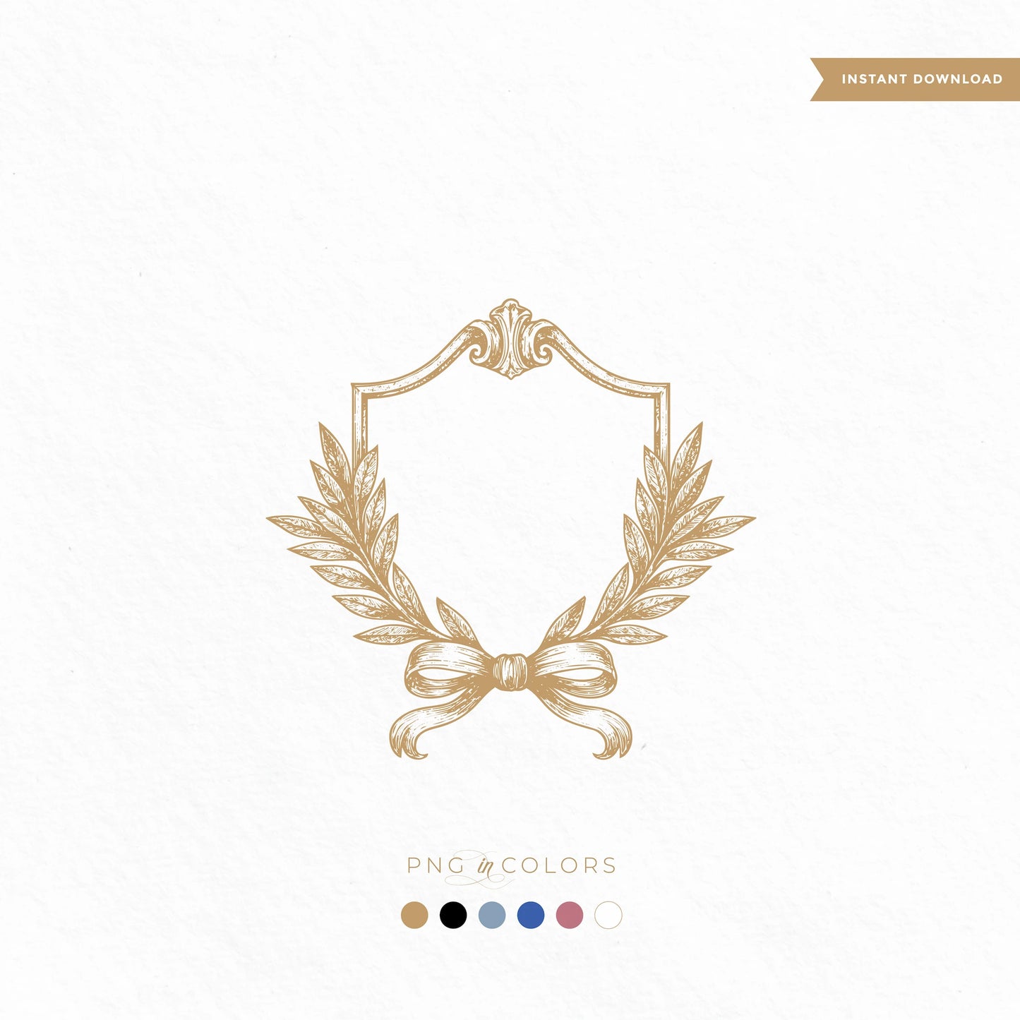 Hand-drawn laurel ribbon wedding crest with vintage shield — shown in 6 colors, perfect for foil-stamped cards, tags, and elegant winter monograms

