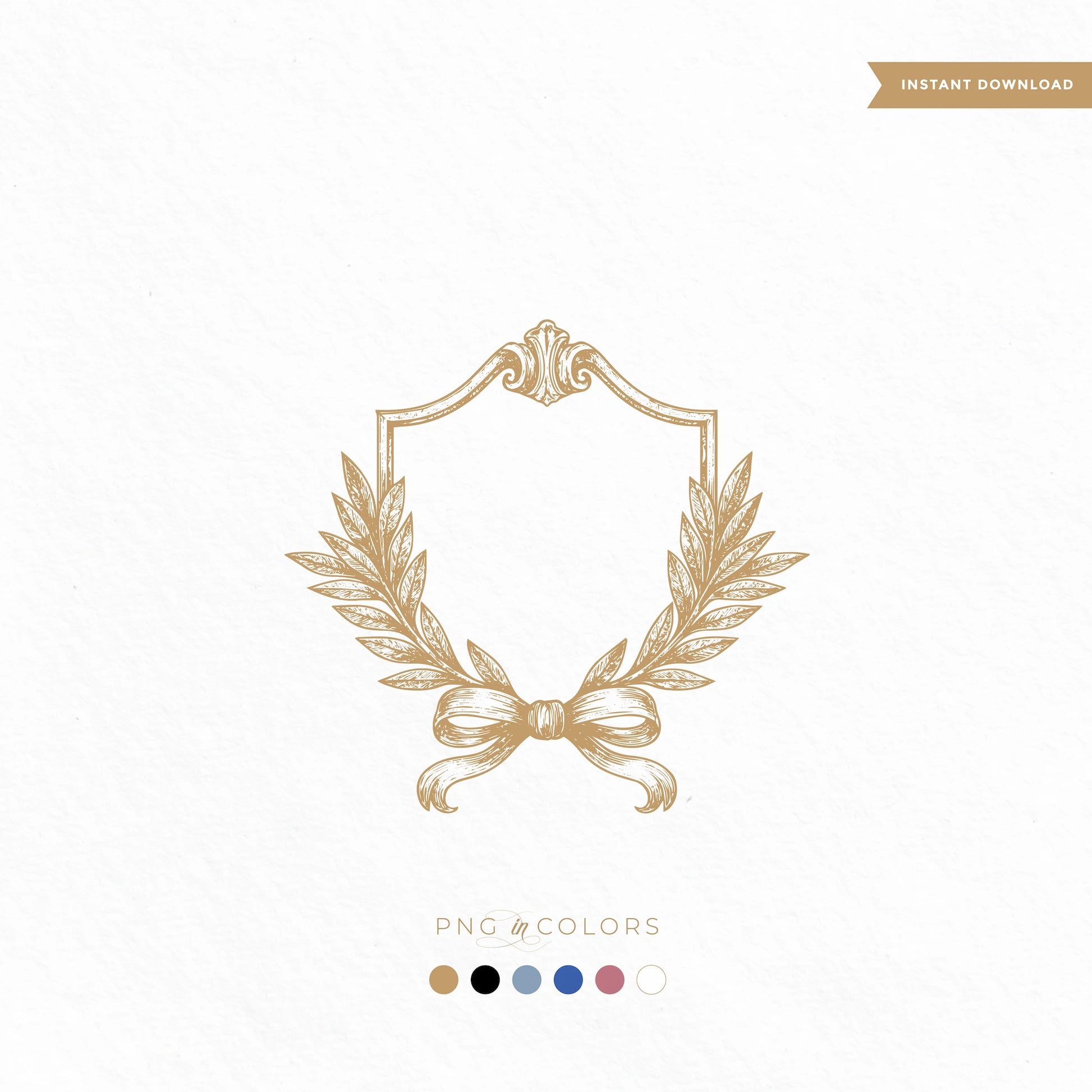 Hand-drawn laurel ribbon wedding crest with vintage shield — shown in 6 colors, perfect for foil-stamped cards, tags, and elegant winter monograms

