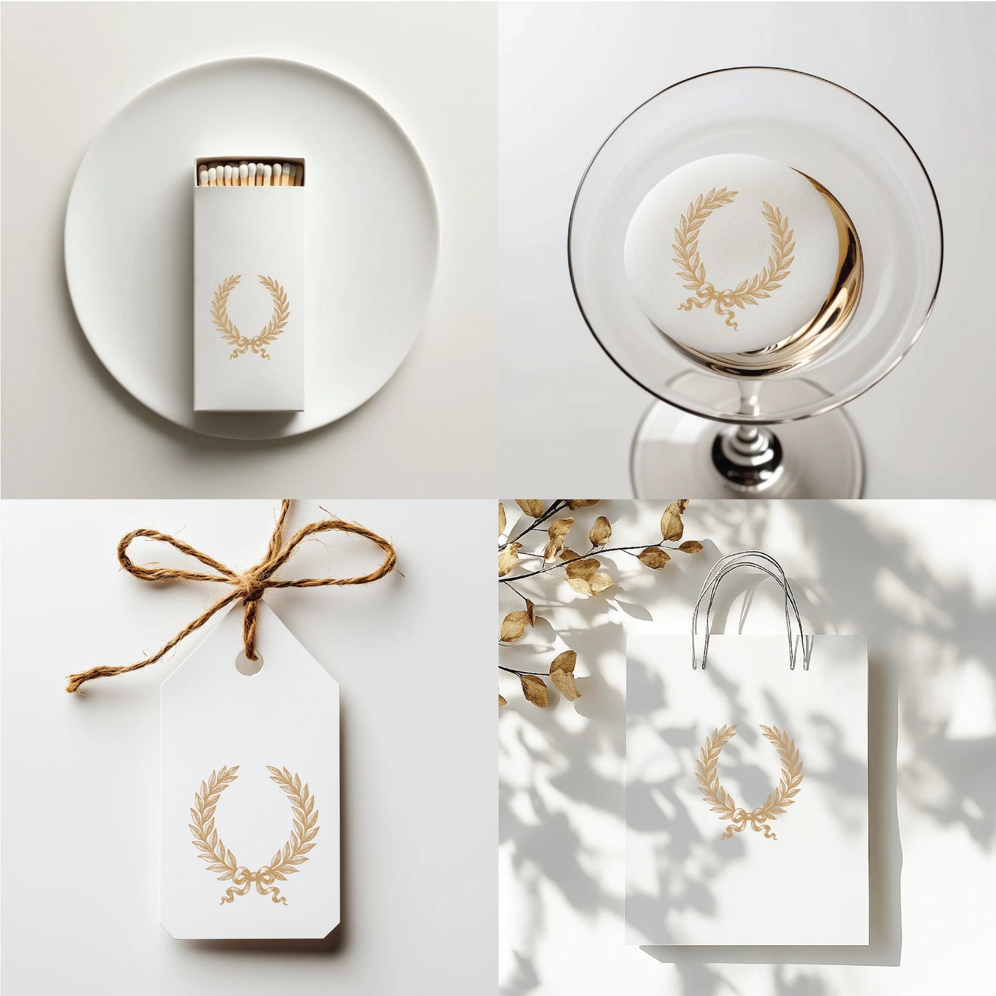 Holiday product styling with gold laurel crest logo on matchbox, cocktail stirrer, gift tag, and shopping bag