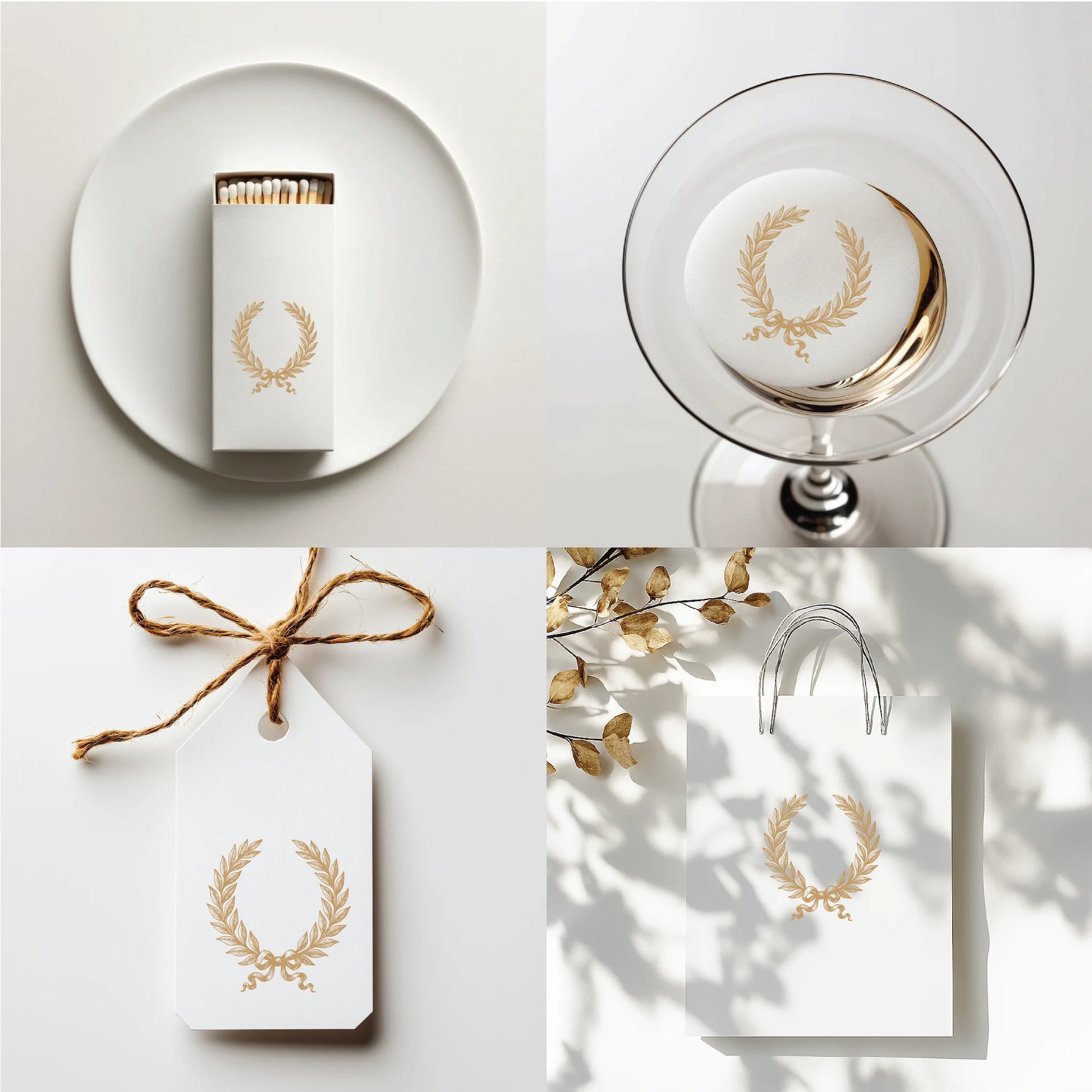 Holiday product styling with gold laurel crest logo on matchbox, cocktail stirrer, gift tag, and shopping bag