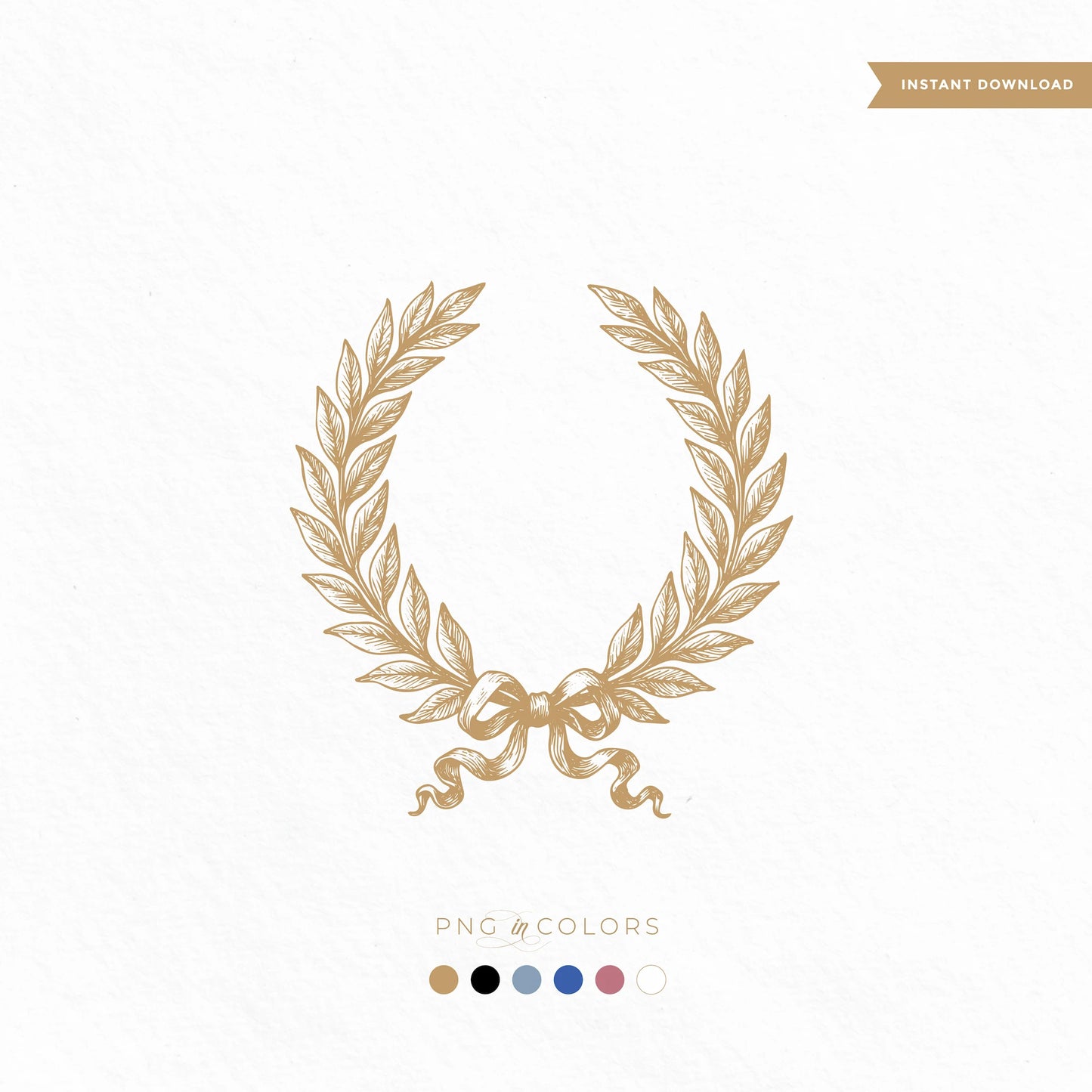 Vintage laurel crest SVG with engraved botanical leaves and ribbon in six colors — perfect for monogram design and festive stationery