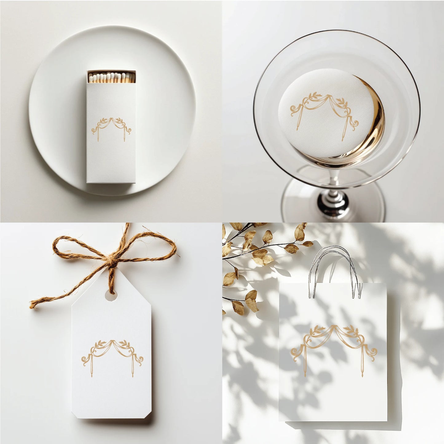 Luxury wine bottle, gift tag, candle, and vow card featuring elegant gold ribbon monogram crest – ideal for winter weddings, holiday gifts, and festive stationery designs