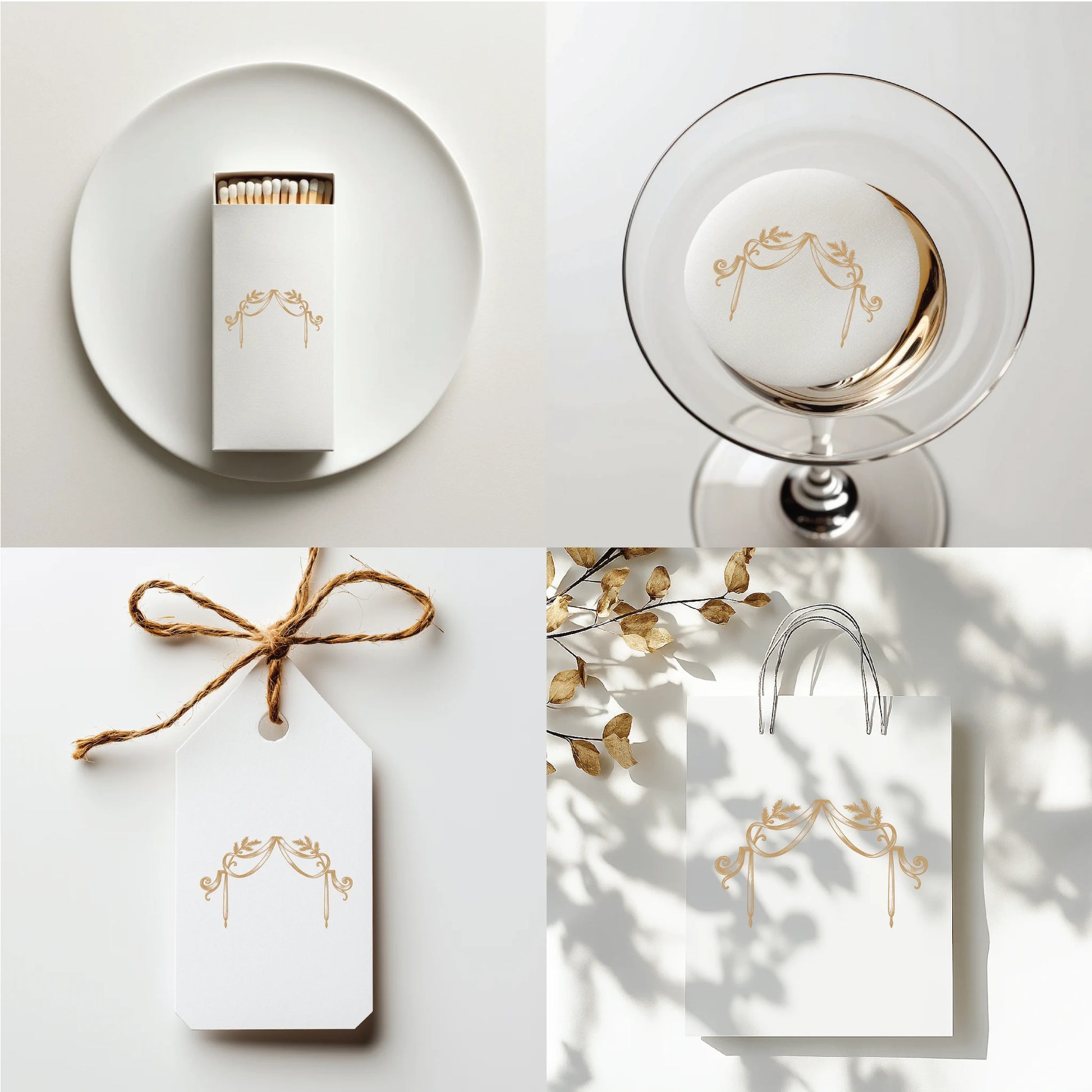 Luxury wine bottle, gift tag, candle, and vow card featuring elegant gold ribbon monogram crest – ideal for winter weddings, holiday gifts, and festive stationery designs