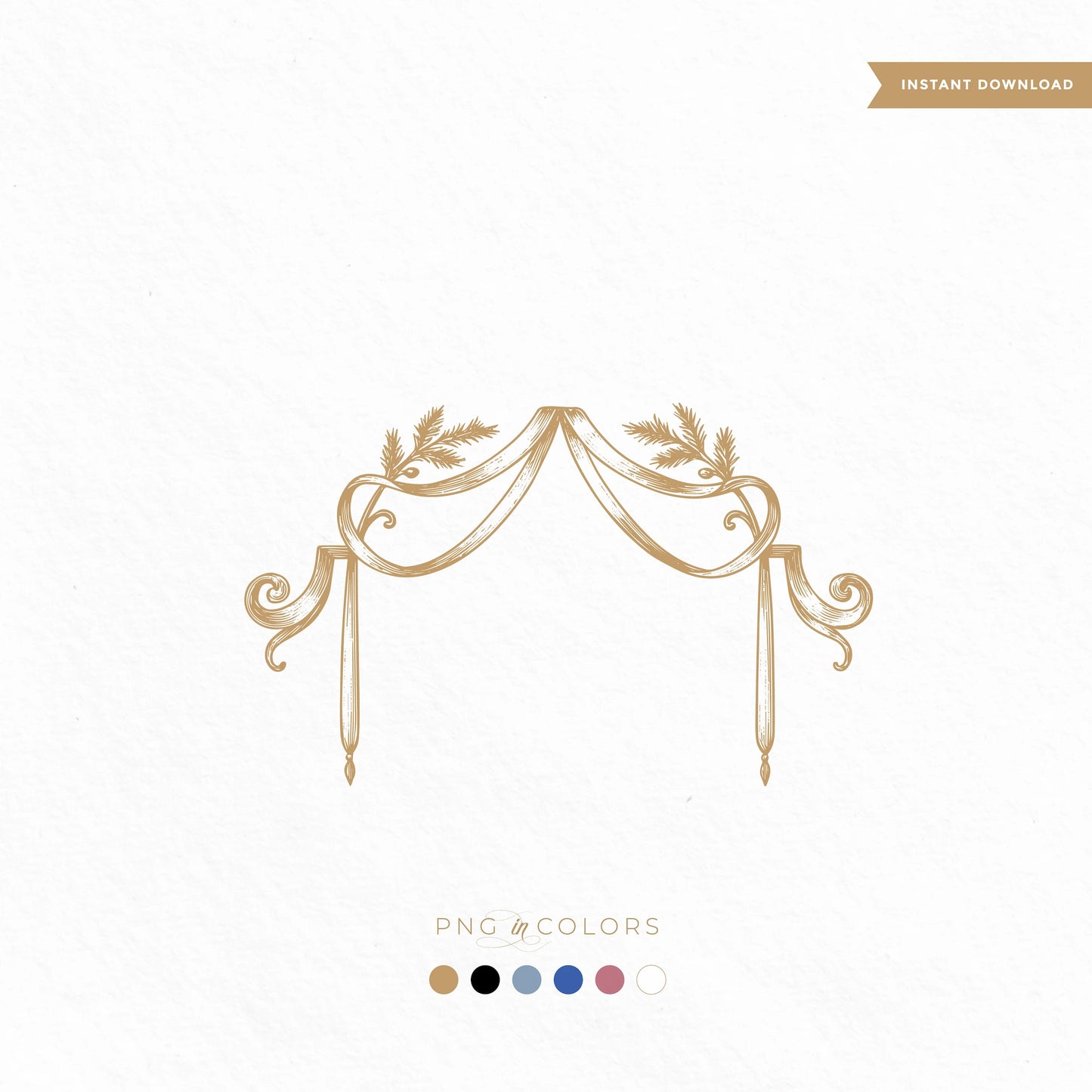 Vintage gold Christmas ribbon crest with pine flourishes – hand-drawn frame design shown in 6 colors for winter monograms, gift tags, and wedding logos

